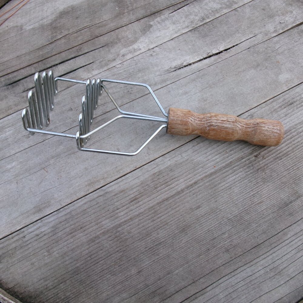 primitive farm wood handle heavy steel double masher unique good shape oval end